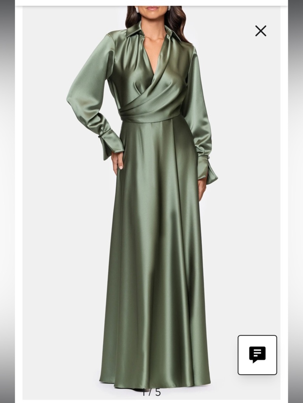 Xscape Olive Green Satin Spread Collar Long Sleeve Gown - NWT - Size 4 - Picture 5 of 14